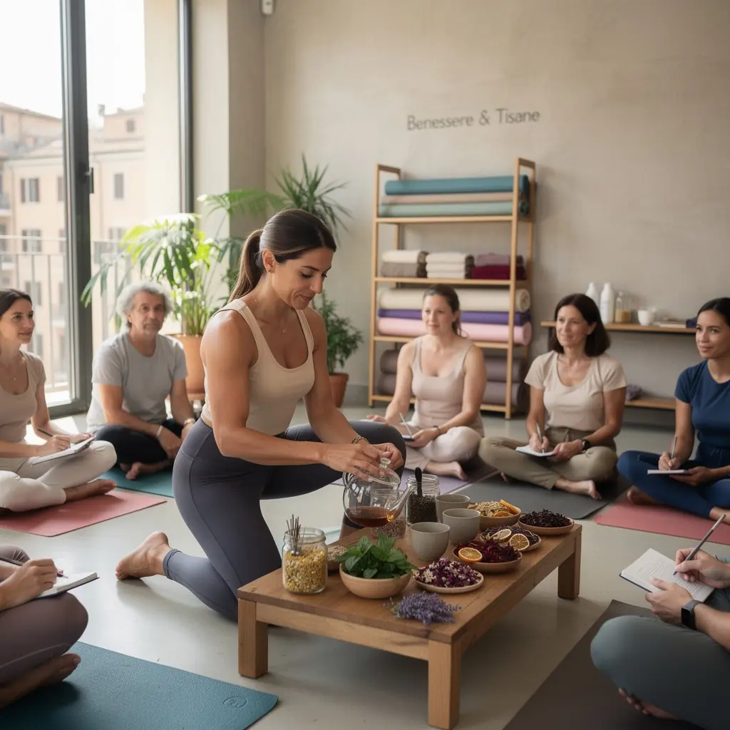 Un campo di piante di tè sottoposte a luce solare al tramonto.
