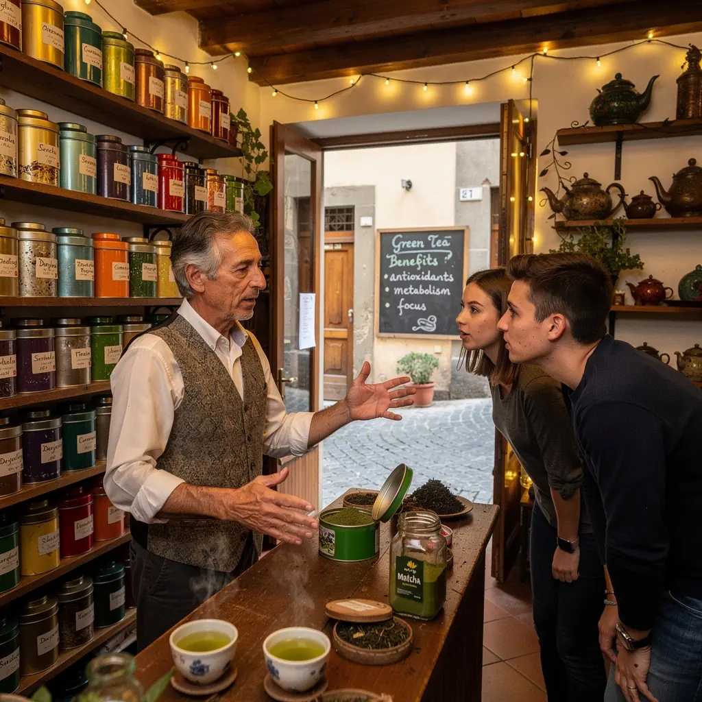 Una tazza di tè verde fumante con foglie fresche in primo piano.